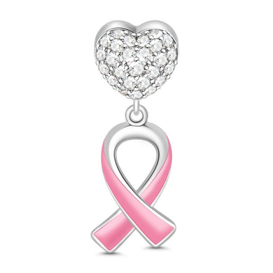 925 Sterling Silver CZ Heart With Pink Enamel Cancer Ribbon Dangle Charm