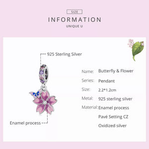 925 Sterling Silver Pink Enamel Flower Dangle Charm