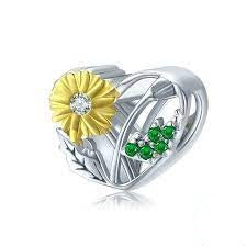 925 Sterling Silver Heart And Sunflower Bead Charm