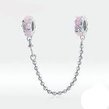 Load image into Gallery viewer, 925 CZ Sterling Silver Pink Enamel Heart With Flower SILICONE Safety Chain