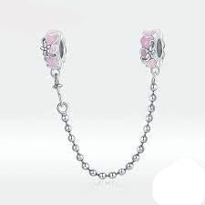 925 CZ Sterling Silver Pink Enamel Heart With Flower SILICONE Safety Chain