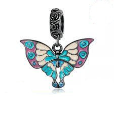 925 Sterling Silver Vintage Pewter Coated Enamel Butterfly Dangle Charm