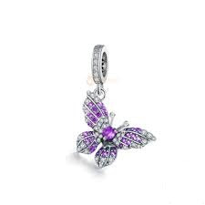 925 Sterling Silver Purple CZ Butterfly Dangle Charm