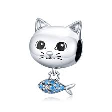 925 Sterling Silver Blue CZ Cat and Fish Bead Charm