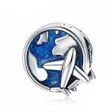 925 Sterling Silver Blue Globe and Plane Bead Charm
