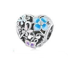 925 Sterling Silver Purple And Blue Enamel Flower Heart Bead Charm