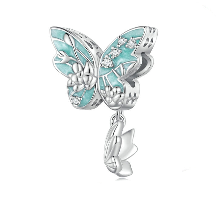925 Sterling Silver Turquoise Butterfly and Flowers Bead Charm