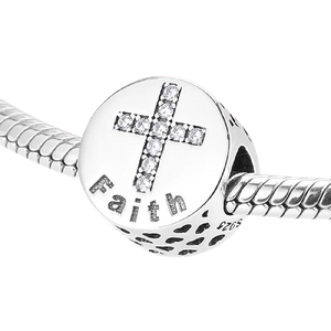 925 Sterling Silver FAITH CZ Cross Pattern Bead Charm