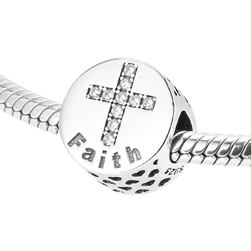 925 Sterling Silver FAITH CZ Cross Pattern Bead Charm