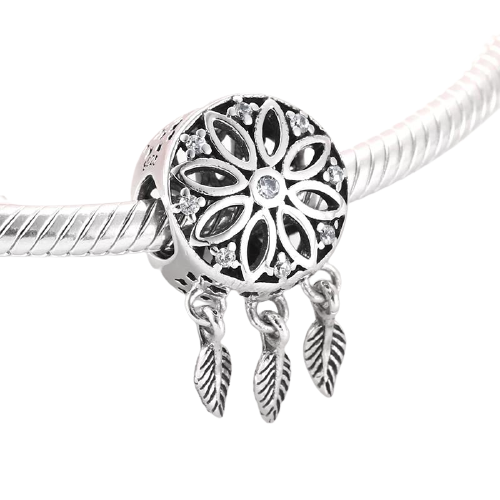 925 Sterling Silver Flower Patterned Dream Catcher Bead Charm