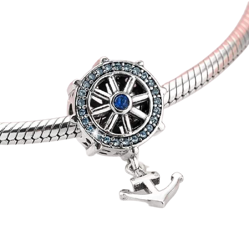 925 Sterling Silver Blue CZ Ship Wheel and Anchor Charm