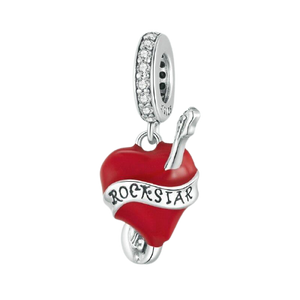 925 Sterling Silver Red Enamel Heart Rockstar Dangle Charm
