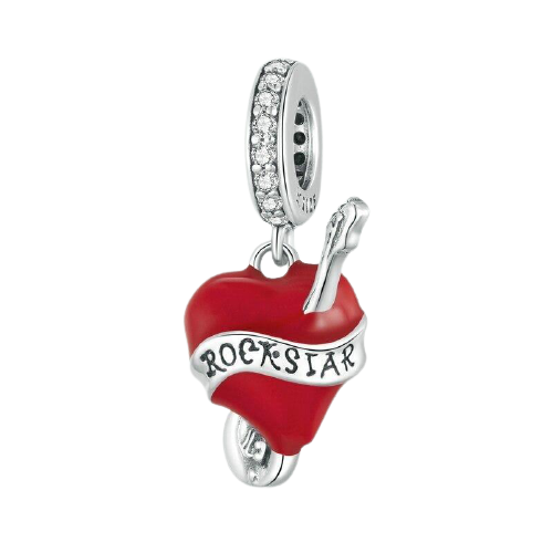 925 Sterling Silver Red Enamel Heart Rockstar Dangle Charm
