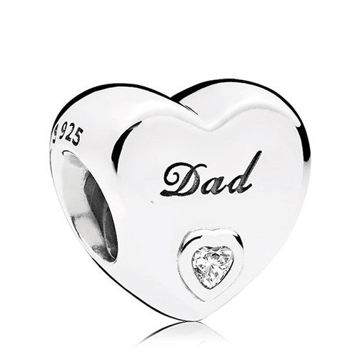 925 Sterling Silver CZ Engraved DAD Heart Bead Charm