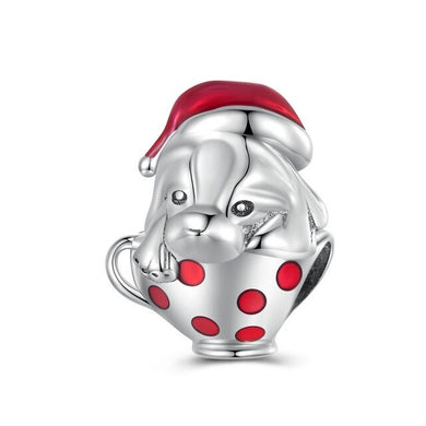 925 Sterling Silver Festive Dog in Teacup Christmas Bead Charm