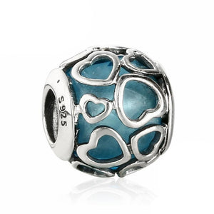 925 Sterling Silver Blue Glass Hearts Motive Bead Charm
