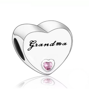 925 Sterling Silver CZ Grandma Engraved Heart Bead Charm