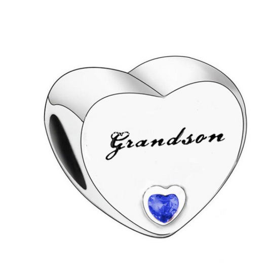 Blue CZ Grandson Engraved Heart Bead Charm