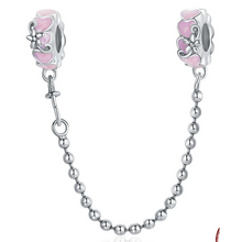Load image into Gallery viewer, 925 CZ Sterling Silver Pink Enamel Heart With Flower SILICONE Safety Chain