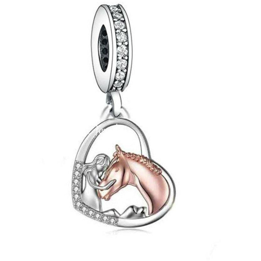 925 Sterling Silver Two Tone Love for Horses Dangle Charm