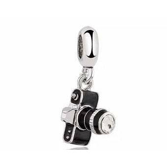 925 Sterling Silver Black Enamel Camera Dangle Charm