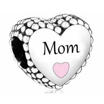 925 Sterling Silver Mom Pink Enamel Heart Bead Charm