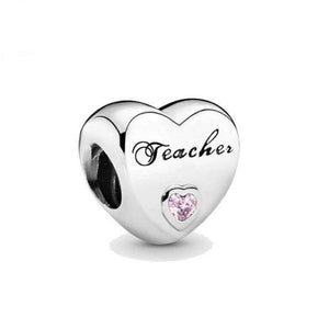 925 Sterling Silver Pink CZ Heart Teacher Bead Charm