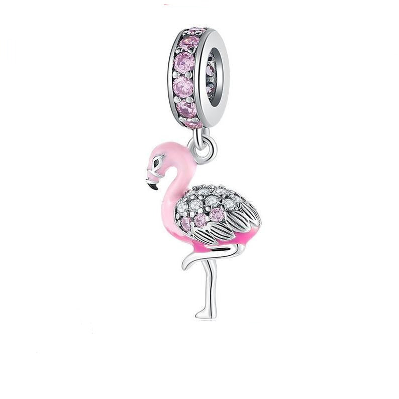 925 Sterling Silver Flamingo Pink Enamel Dangle Charm