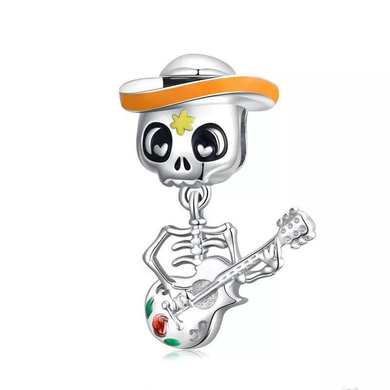 925 Sterling Silver Skeleton with Guitar Dangle Charm