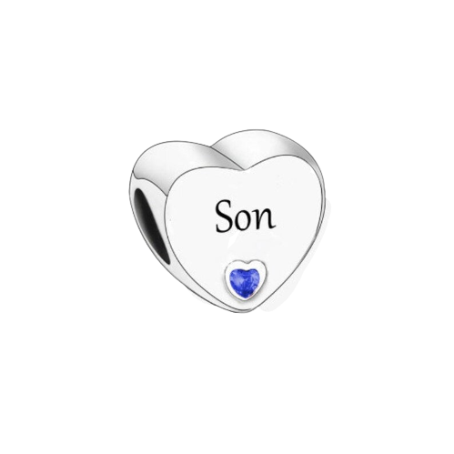 Blue CZ Son Engraved Heart Bead Charm