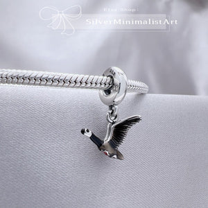 925 Sterling Silver Canadian Goose and Maple Leaf Black Enamel Dangle Charm