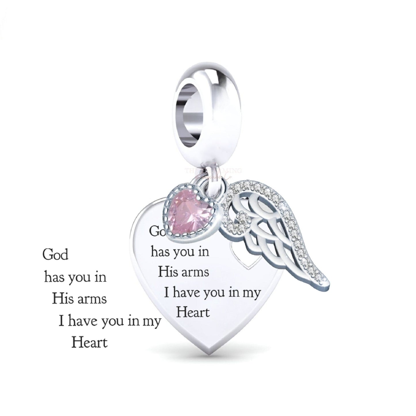“God Has You In His Arms I Have You In My Heart”  Heart With Angel Wing And Pink CZ Heart  Charm