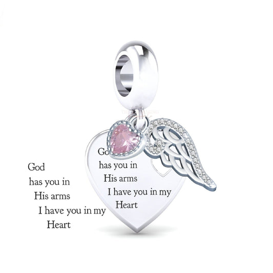 “God Has You In His Arms I Have You In My Heart”  Heart With Angel Wing And Pink CZ Heart  Charm