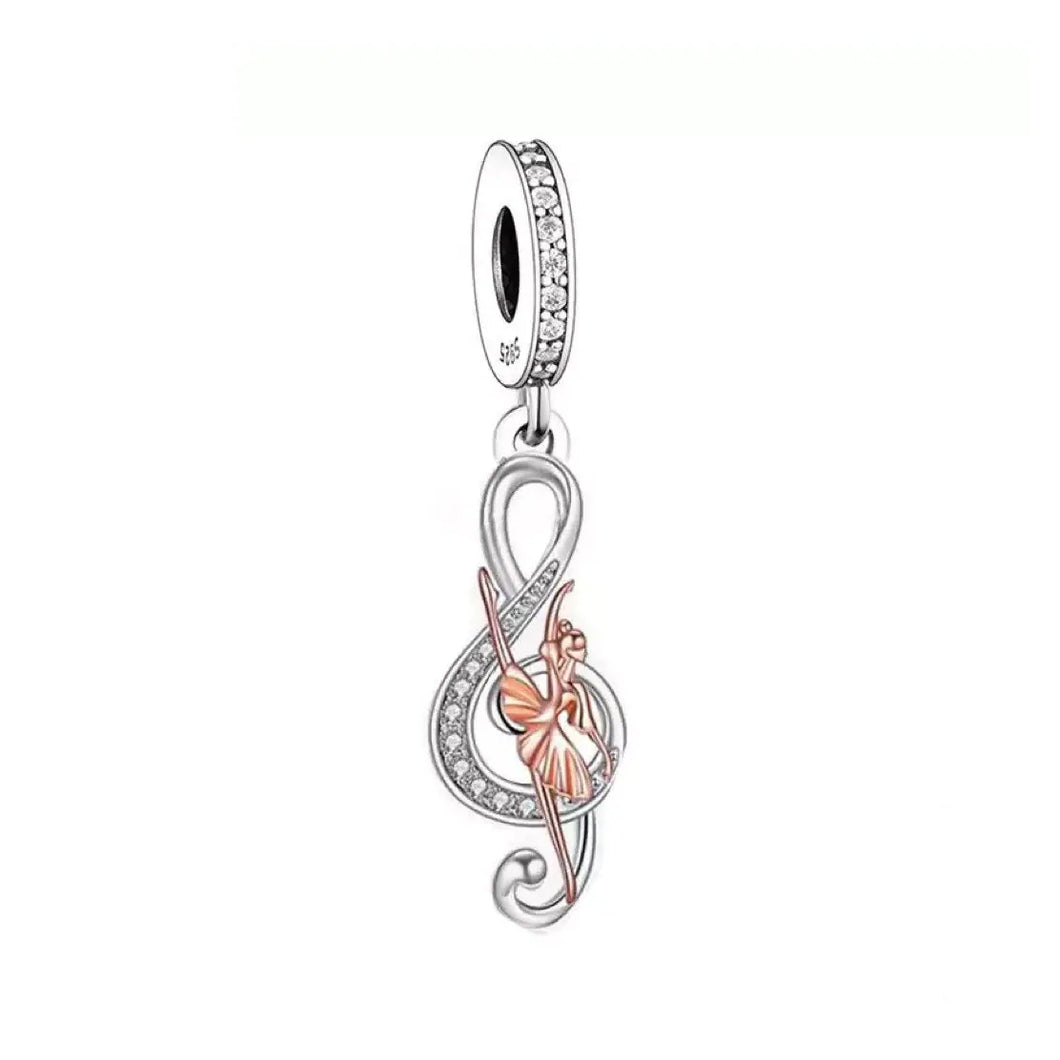 925 Sterling Silver Two Tone Ballerina Music Note Dangle Charm Be