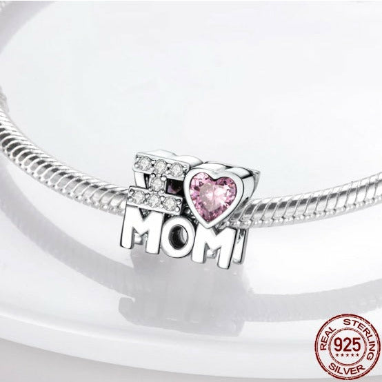 925 CZ Sterling I Love Mom Pink Heart CZ Bead Charm