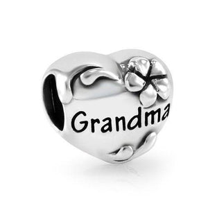 925 Sterling Silver Grandma Engraved Floral Heart Bead Charm