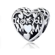 Load image into Gallery viewer, 925 Sterling Silver Openwork I Love You Mom White Heart Bead Charm
