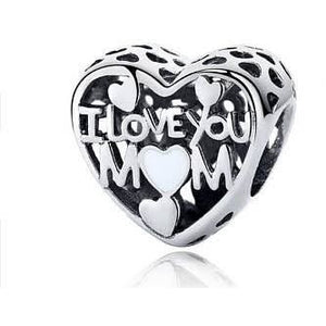 925 Sterling Silver Openwork I Love You Mom White Heart Bead Charm