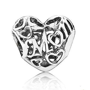 925 Sterling Silver Openwork Mom Heart Bead Charm