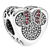 Load image into Gallery viewer, 925 Sterling Silver Sparkling CZ Mickey Mouse and Minnie Heart Bead Charm
