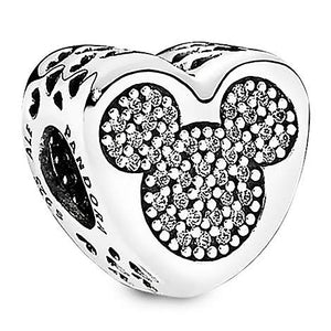 925 Sterling Silver Sparkling CZ Mickey Mouse and Minnie Heart Bead Charm