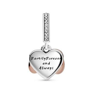 925 Sterling Silver Rose Gold PLATED Family Forever Heart Dangle Charm