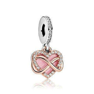 925 Sterling Silver Rose Gold PLATED Family Forever Heart Dangle Charm