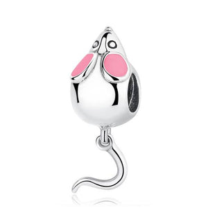 925 Sterling Silver Cute Mouse Pink Ears Bead Charm