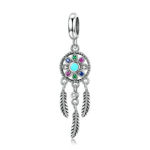 925 Sterling Silver Coloured Dream Catcher with Feathers Dangle Charm