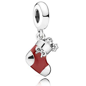 925 Sterling Silver Red Christmas Gift Sock Dangle Charm