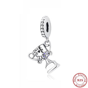925 Sterling Silver WELL DONE Trophy Winning Cup Dangle Charm