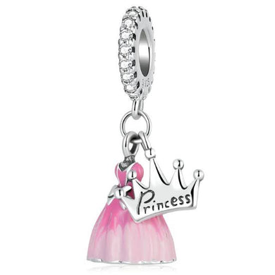 925 Sterling Silver Pink Princess Dress Dangle Charm