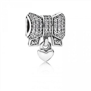 925 Sterling Silver CZ Bow and Heart Bead Charm