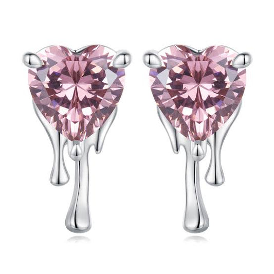 Pink CZ Dripping with Love Heart Earrings